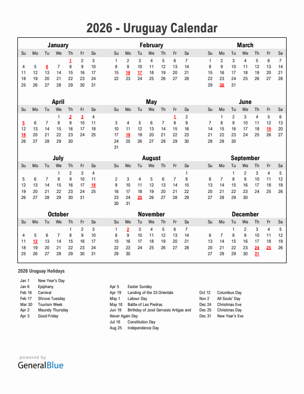 Year 2026 Simple Calendar With Holidays in Uruguay
