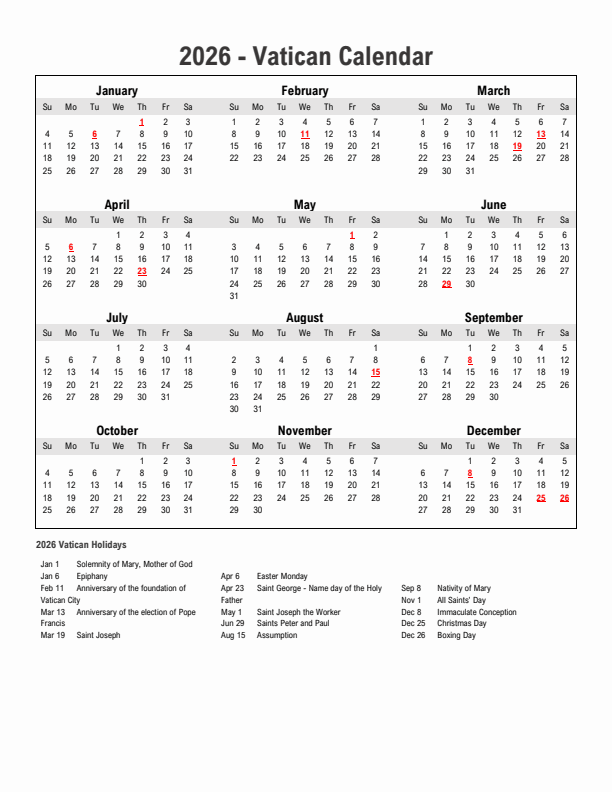 Year 2026 Simple Calendar With Holidays in Vatican