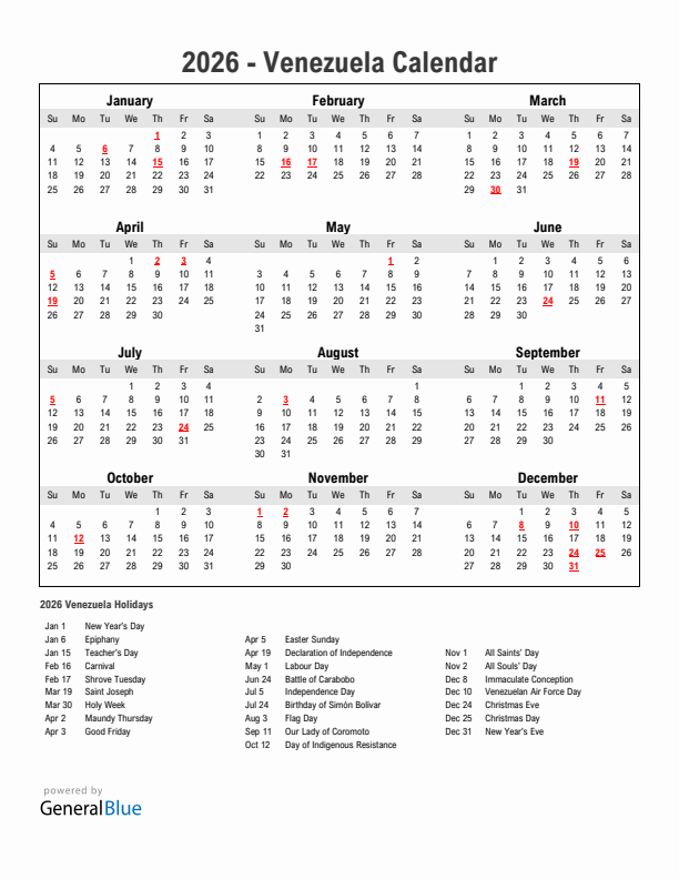 Year 2026 Simple Calendar With Holidays in Venezuela