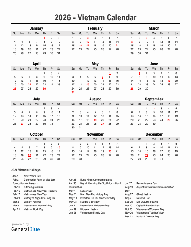Year 2026 Simple Calendar With Holidays in Vietnam