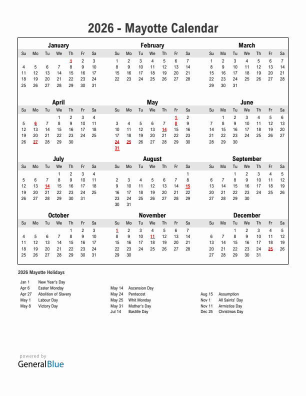 Year 2026 Simple Calendar With Holidays in Mayotte