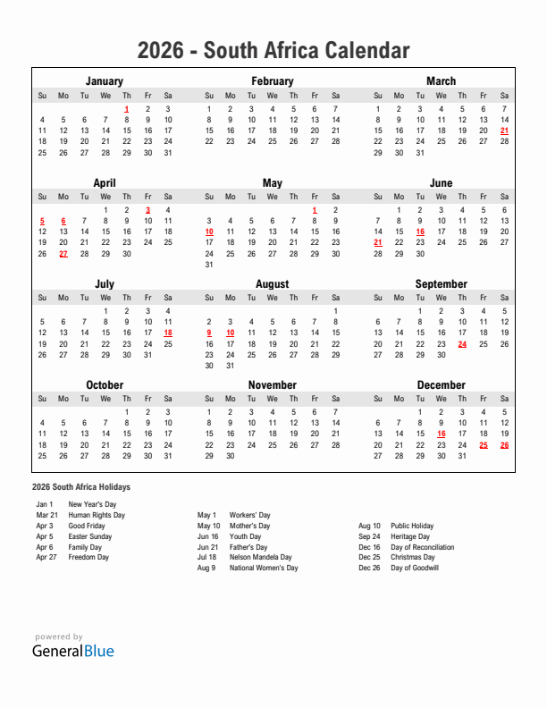 Year 2026 Simple Calendar With Holidays in South Africa