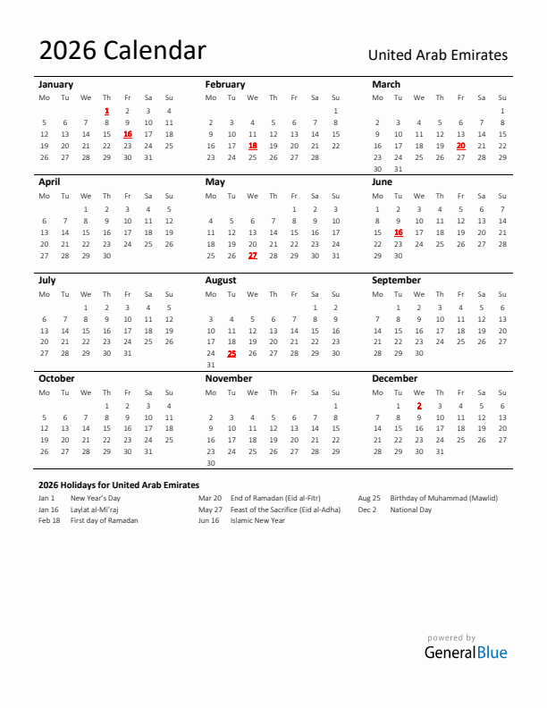Standard Holiday Calendar for 2026 with United Arab Emirates Holidays 