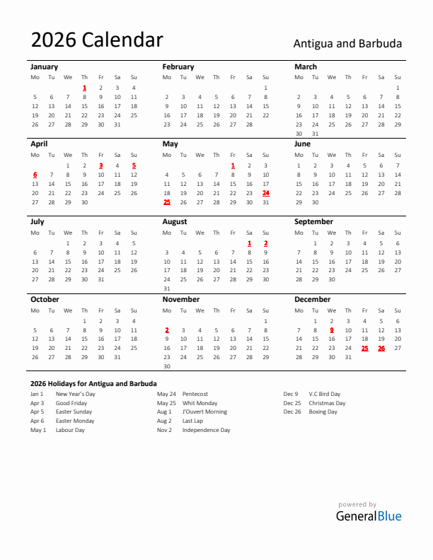 Standard Holiday Calendar for 2026 with Antigua and Barbuda Holidays 