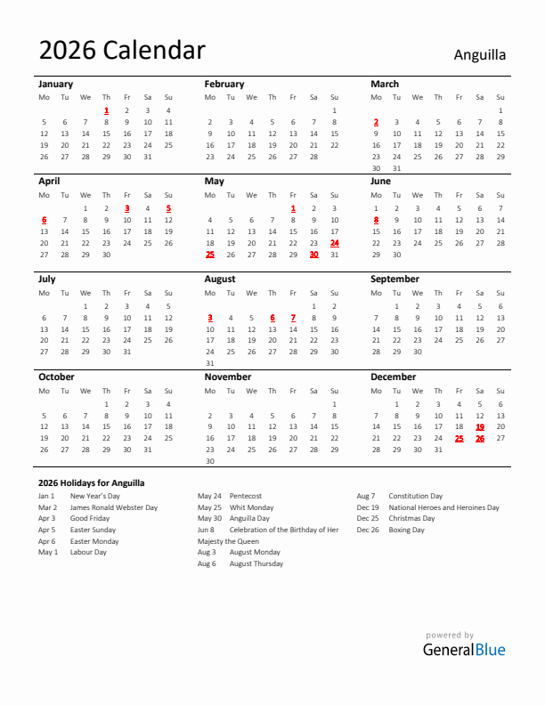 Standard Holiday Calendar for 2026 with Anguilla Holidays 