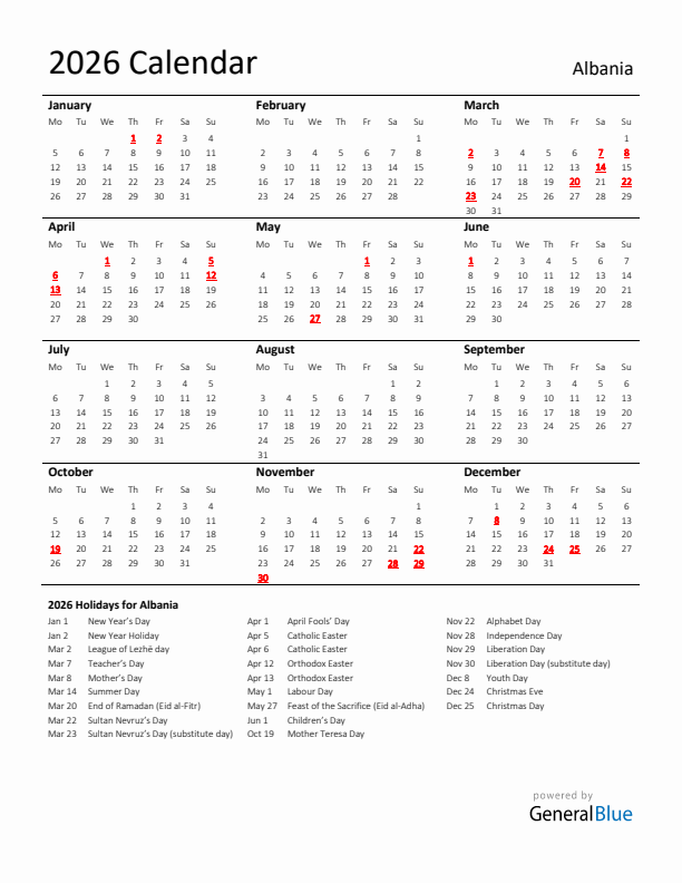 Standard Holiday Calendar for 2026 with Albania Holidays 
