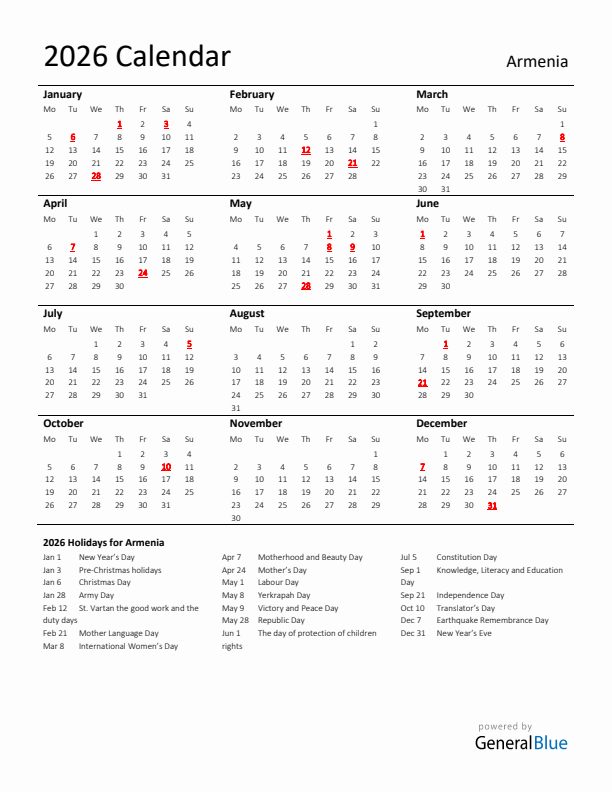 Standard Holiday Calendar for 2026 with Armenia Holidays 