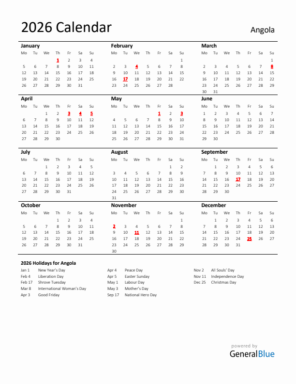 Standard Holiday Calendar for 2026 with Angola Holidays 