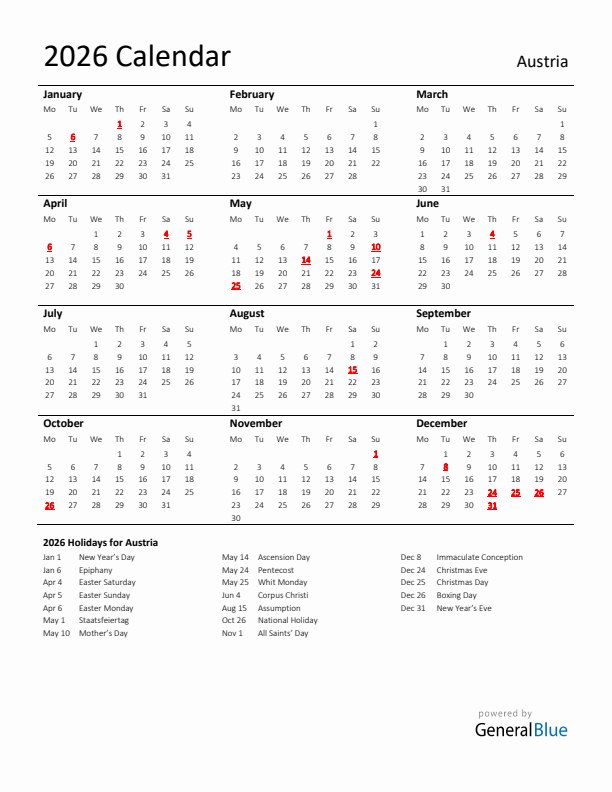 Standard Holiday Calendar for 2026 with Austria Holidays 