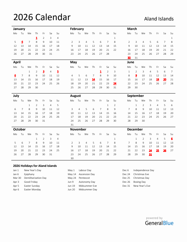 Standard Holiday Calendar for 2026 with Aland Islands Holidays 