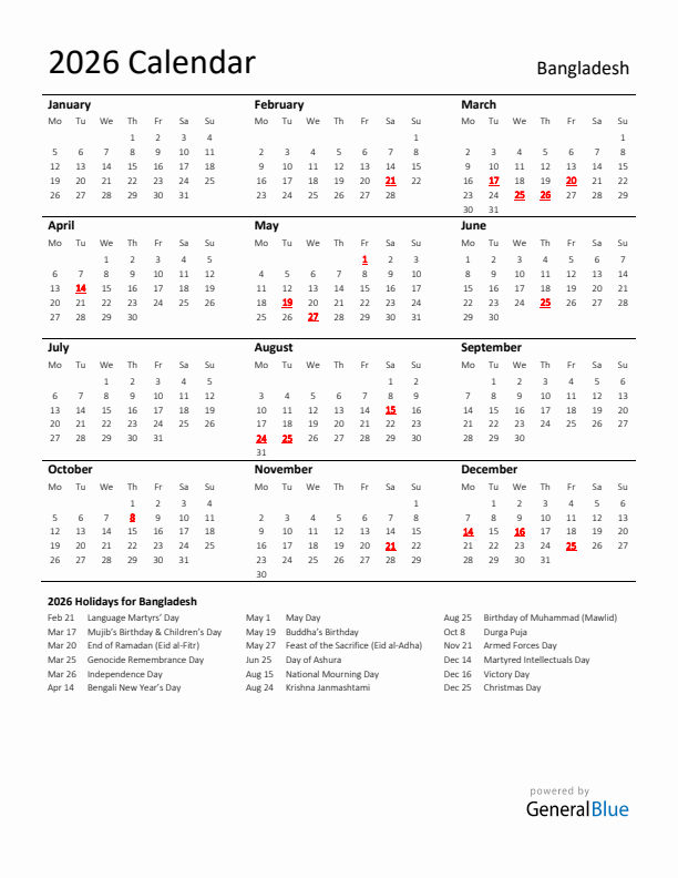 Standard Holiday Calendar for 2026 with Bangladesh Holidays 