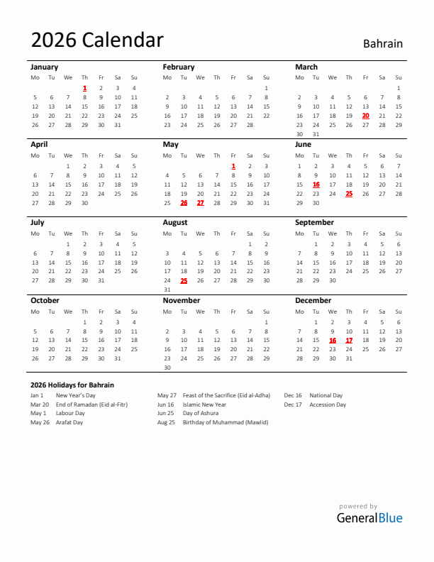 Standard Holiday Calendar for 2026 with Bahrain Holidays 