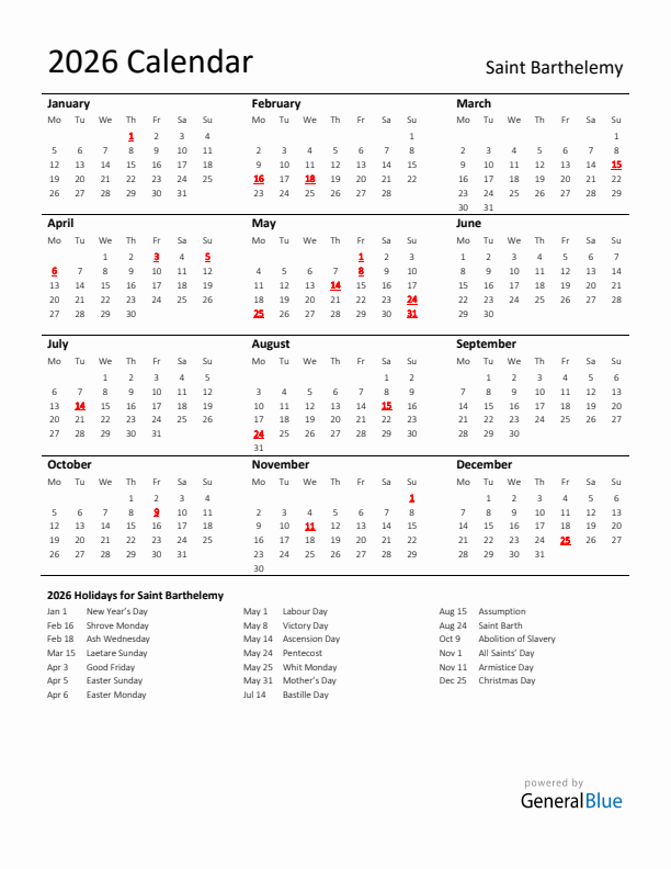 Standard Holiday Calendar for 2026 with Saint Barthelemy Holidays 