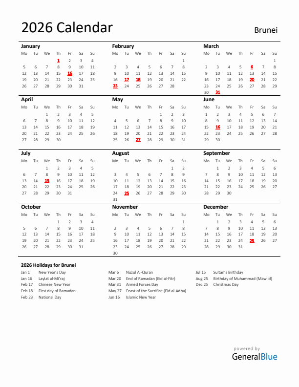 Standard Holiday Calendar for 2026 with Brunei Holidays 