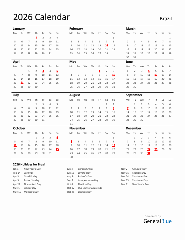 Standard Holiday Calendar for 2026 with Brazil Holidays 