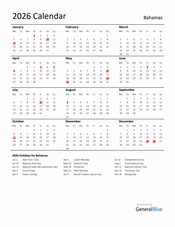 Standard Holiday Calendar for 2026 with Bahamas Holidays 