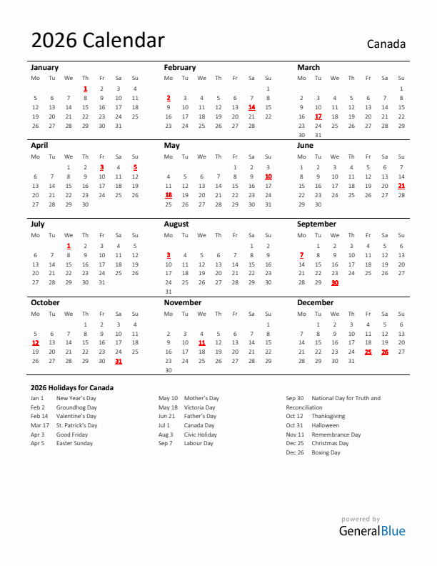 Standard Holiday Calendar for 2026 with Canada Holidays 