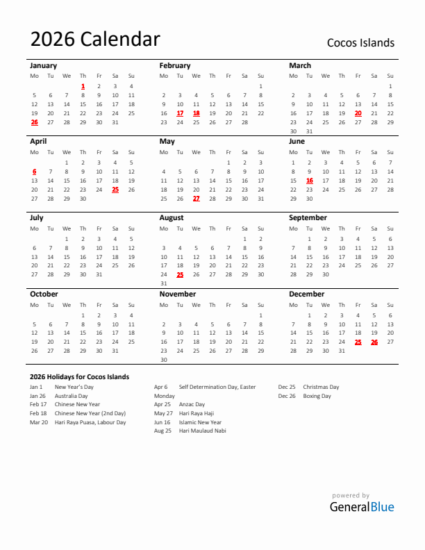 Standard Holiday Calendar for 2026 with Cocos Islands Holidays 