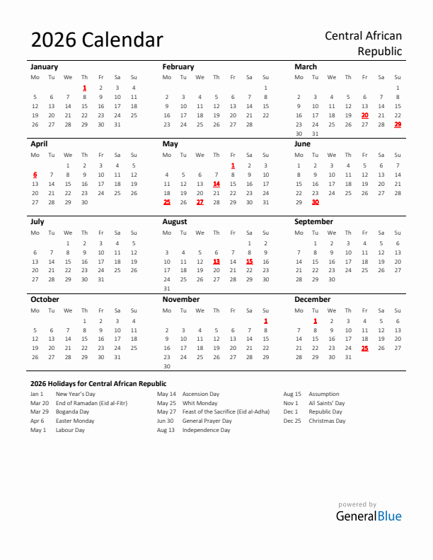 Standard Holiday Calendar for 2026 with Central African Republic Holidays 