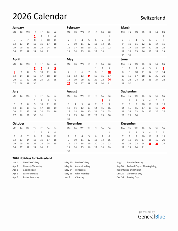 Standard Holiday Calendar for 2026 with Switzerland Holidays 