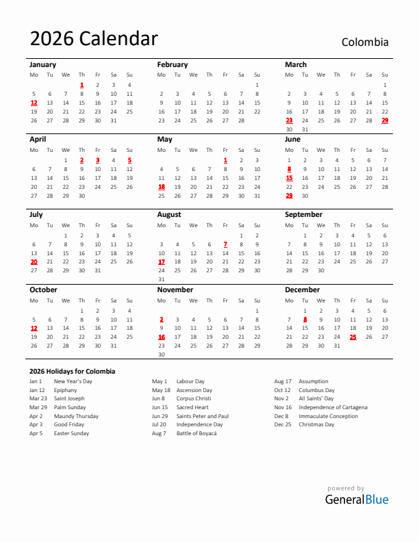 Standard Holiday Calendar for 2026 with Colombia Holidays 