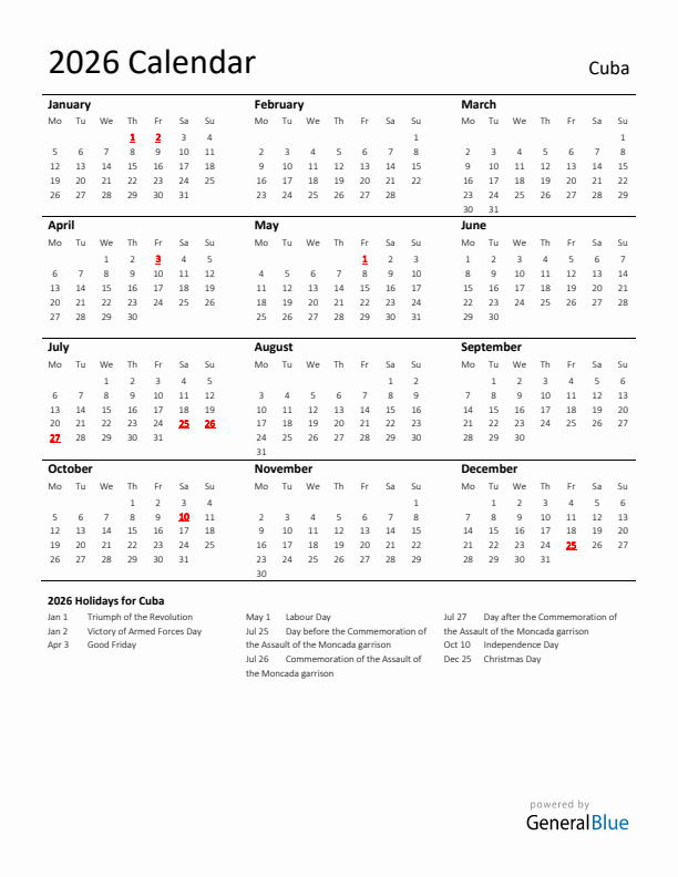 Standard Holiday Calendar for 2026 with Cuba Holidays 