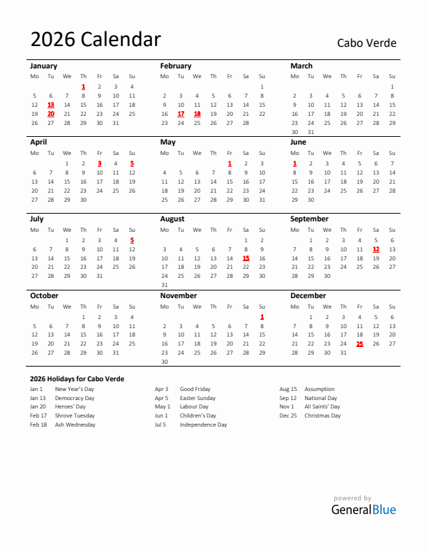 Standard Holiday Calendar for 2026 with Cabo Verde Holidays 