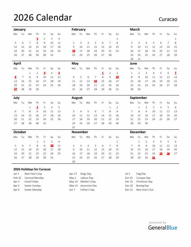 Standard Holiday Calendar for 2026 with Curacao Holidays 