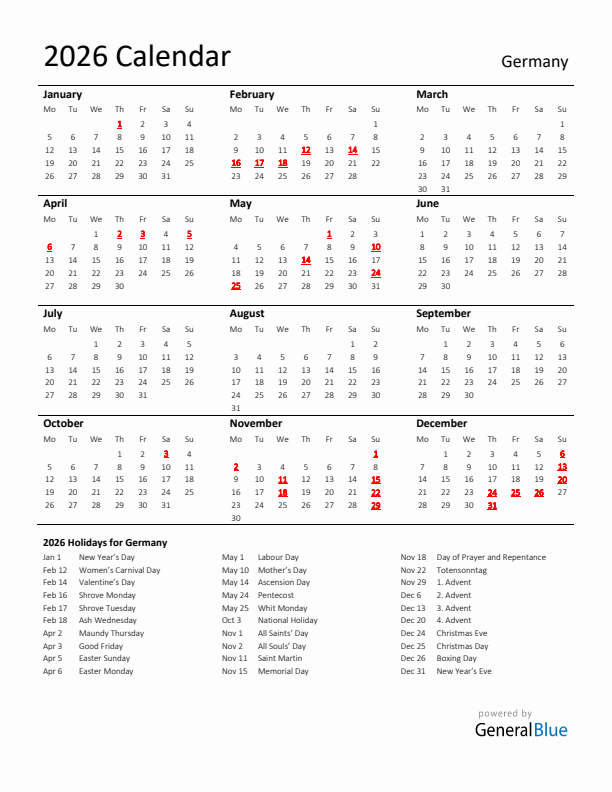 Standard Holiday Calendar for 2026 with Germany Holidays 