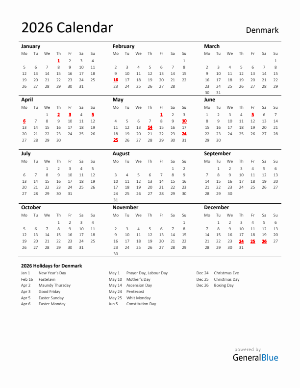 Standard Holiday Calendar for 2026 with Denmark Holidays 