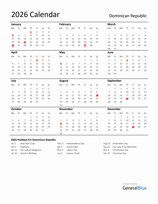 Standard Holiday Calendar for 2026 with Dominican Republic Holidays 