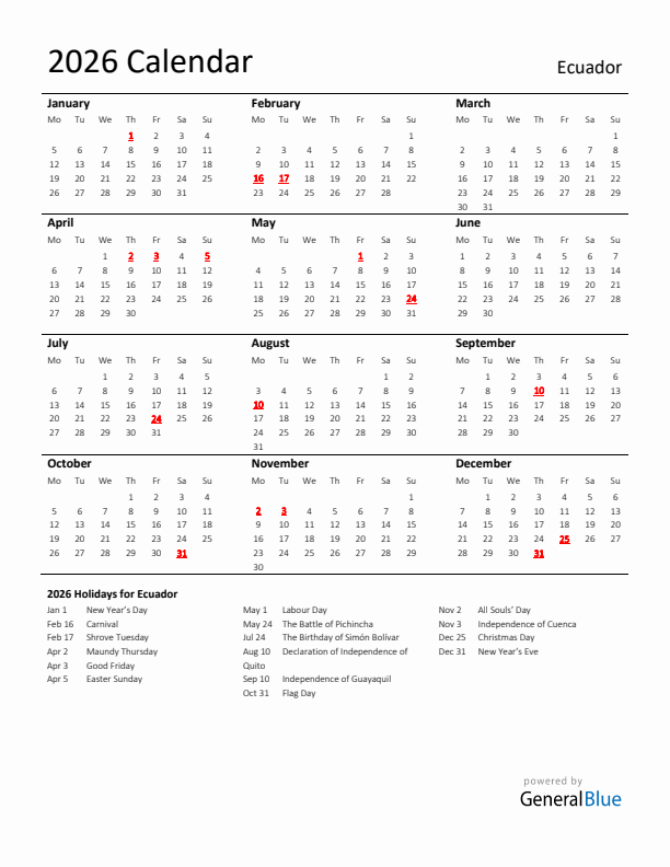 Standard Holiday Calendar for 2026 with Ecuador Holidays 