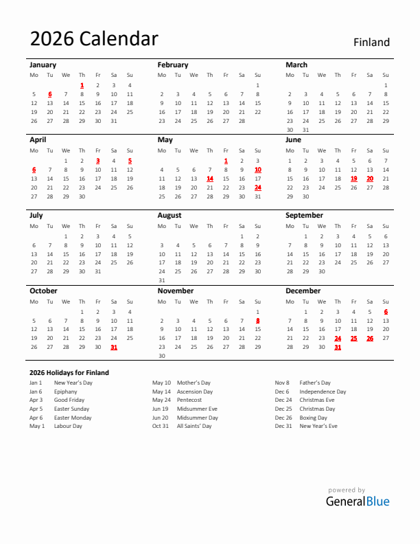 Standard Holiday Calendar for 2026 with Finland Holidays 