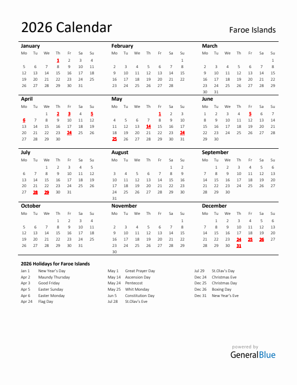 Standard Holiday Calendar for 2026 with Faroe Islands Holidays 