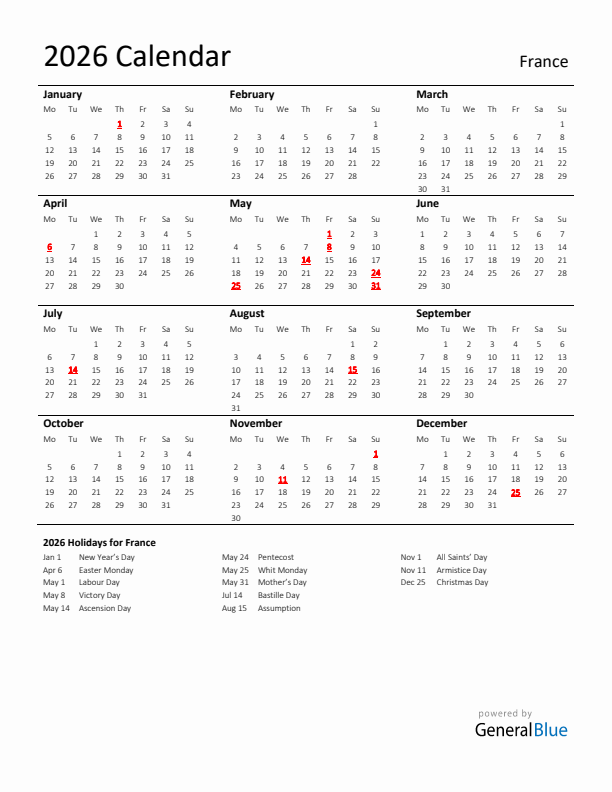 Standard Holiday Calendar for 2026 with France Holidays 