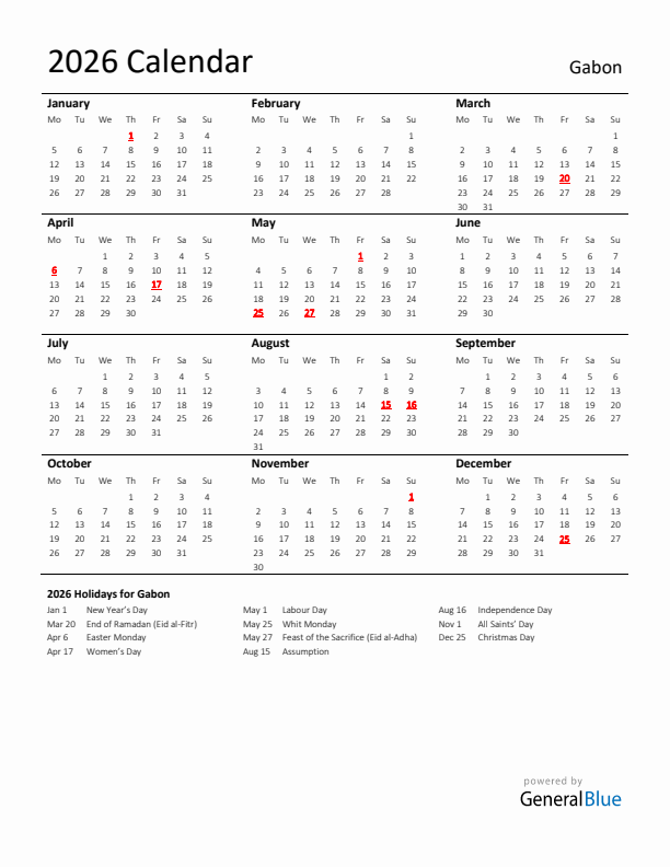 Standard Holiday Calendar for 2026 with Gabon Holidays 