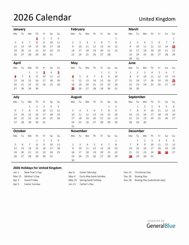 Standard Holiday Calendar for 2026 with United Kingdom Holidays 