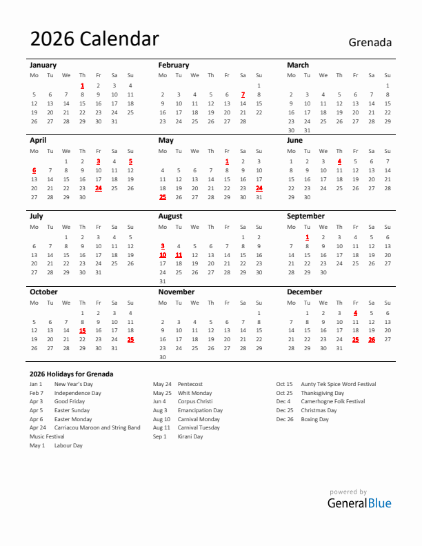 Standard Holiday Calendar for 2026 with Grenada Holidays 