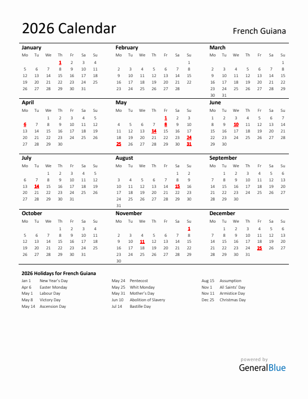 Standard Holiday Calendar for 2026 with French Guiana Holidays 