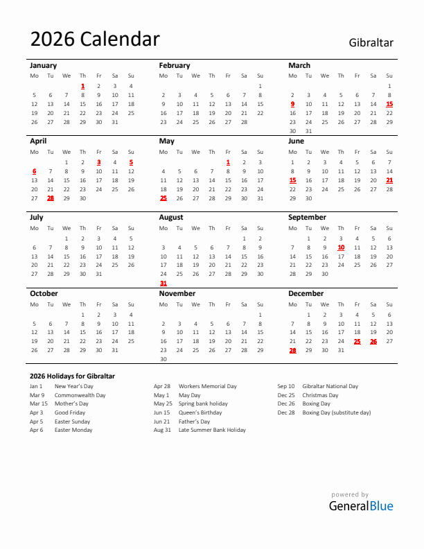 Standard Holiday Calendar for 2026 with Gibraltar Holidays 