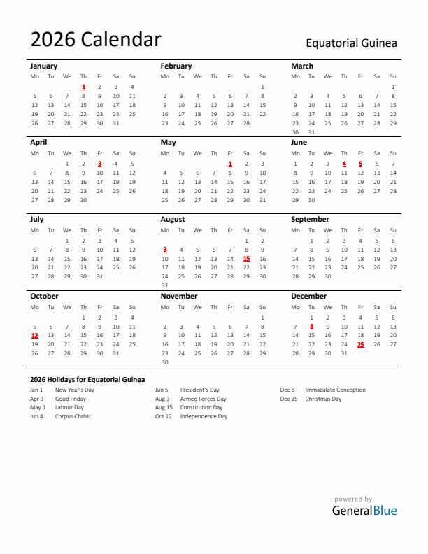 Standard Holiday Calendar for 2026 with Equatorial Guinea Holidays 