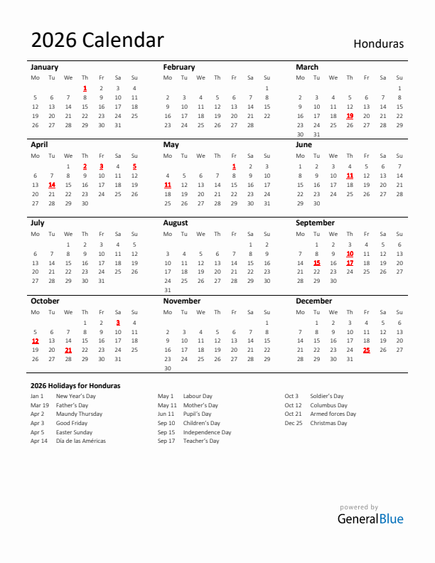Standard Holiday Calendar for 2026 with Honduras Holidays 