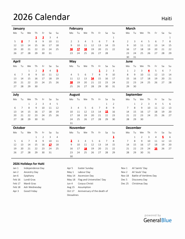 Standard Holiday Calendar for 2026 with Haiti Holidays 