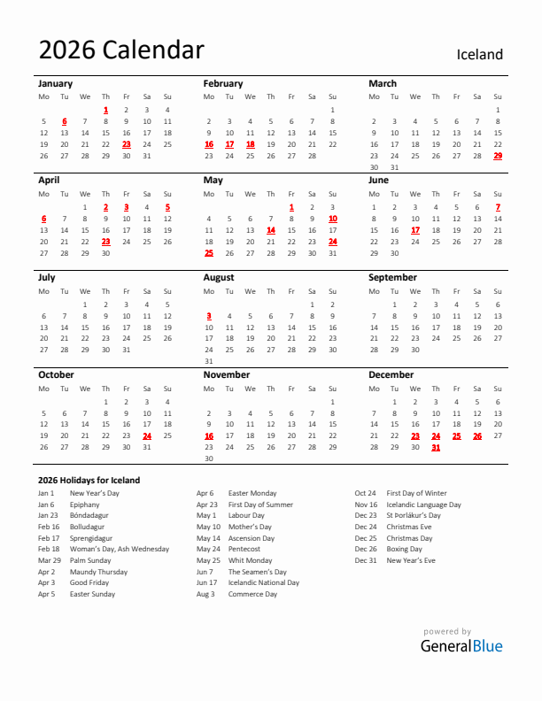 Standard Holiday Calendar for 2026 with Iceland Holidays 
