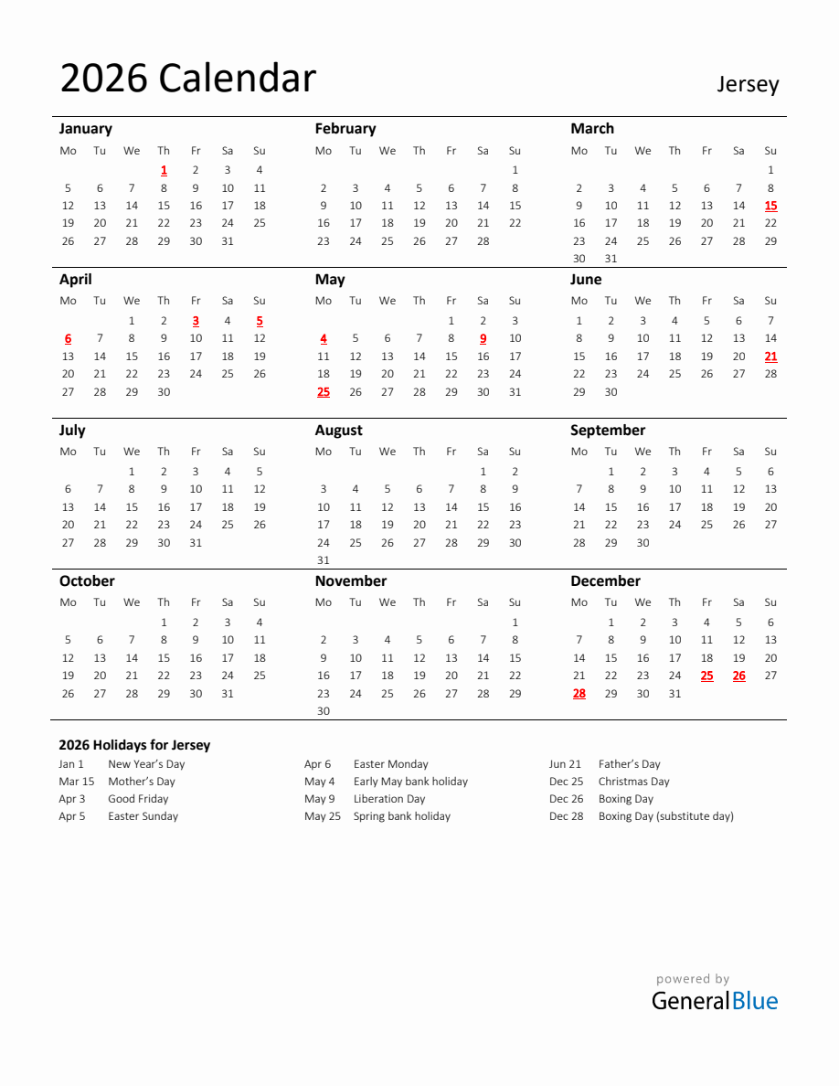 Standard Holiday Calendar For 2026 With Jersey Holidays