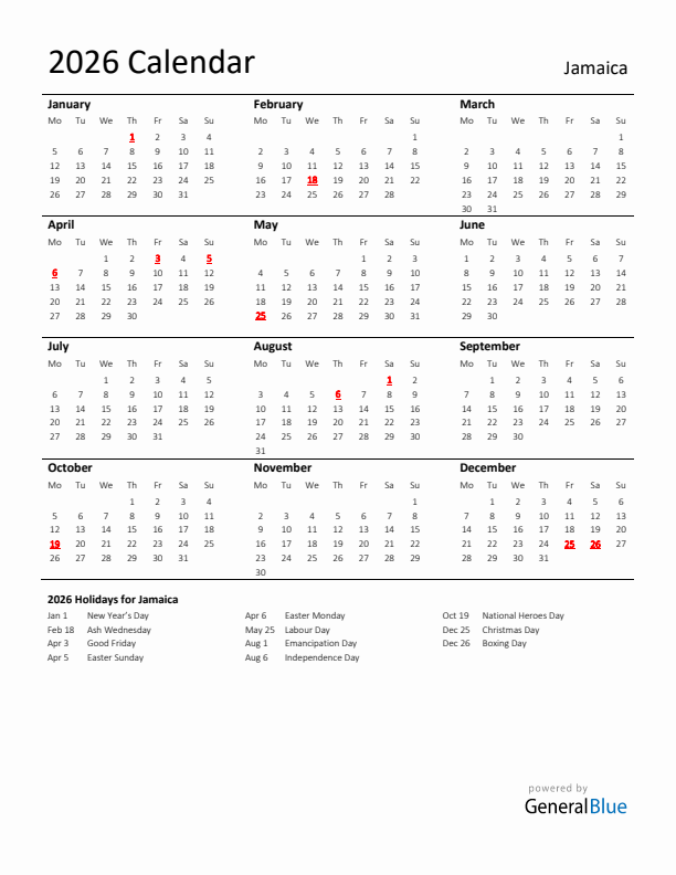 Standard Holiday Calendar for 2026 with Jamaica Holidays 