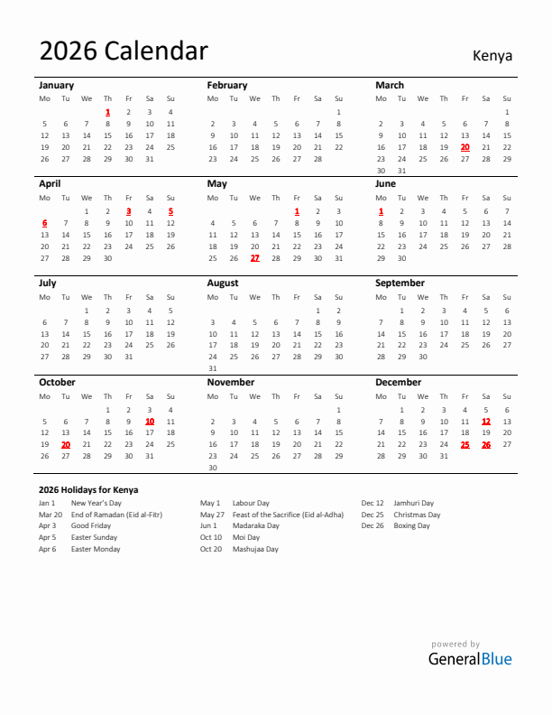 Standard Holiday Calendar for 2026 with Kenya Holidays 