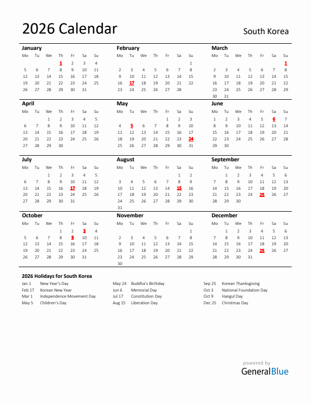 Standard Holiday Calendar for 2026 with South Korea Holidays 