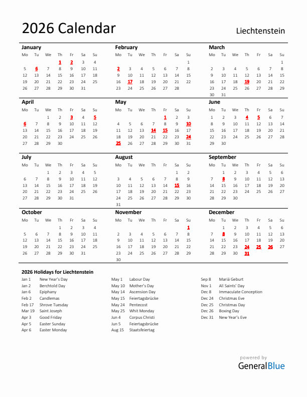 Standard Holiday Calendar for 2026 with Liechtenstein Holidays 