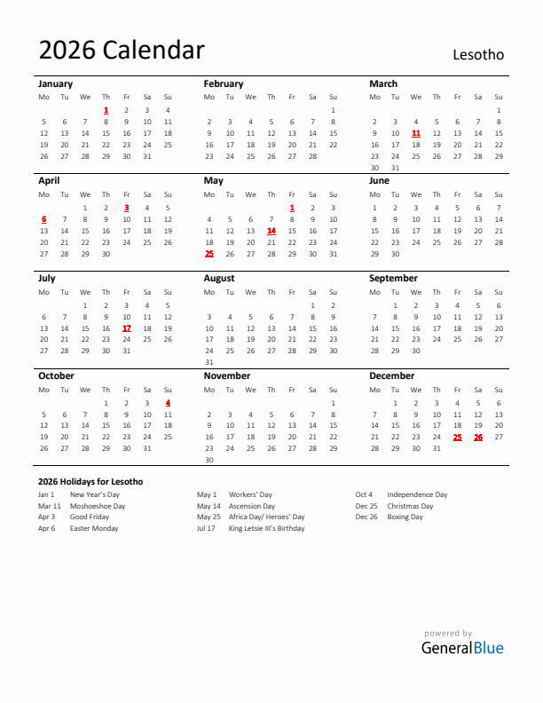 Standard Holiday Calendar for 2026 with Lesotho Holidays 